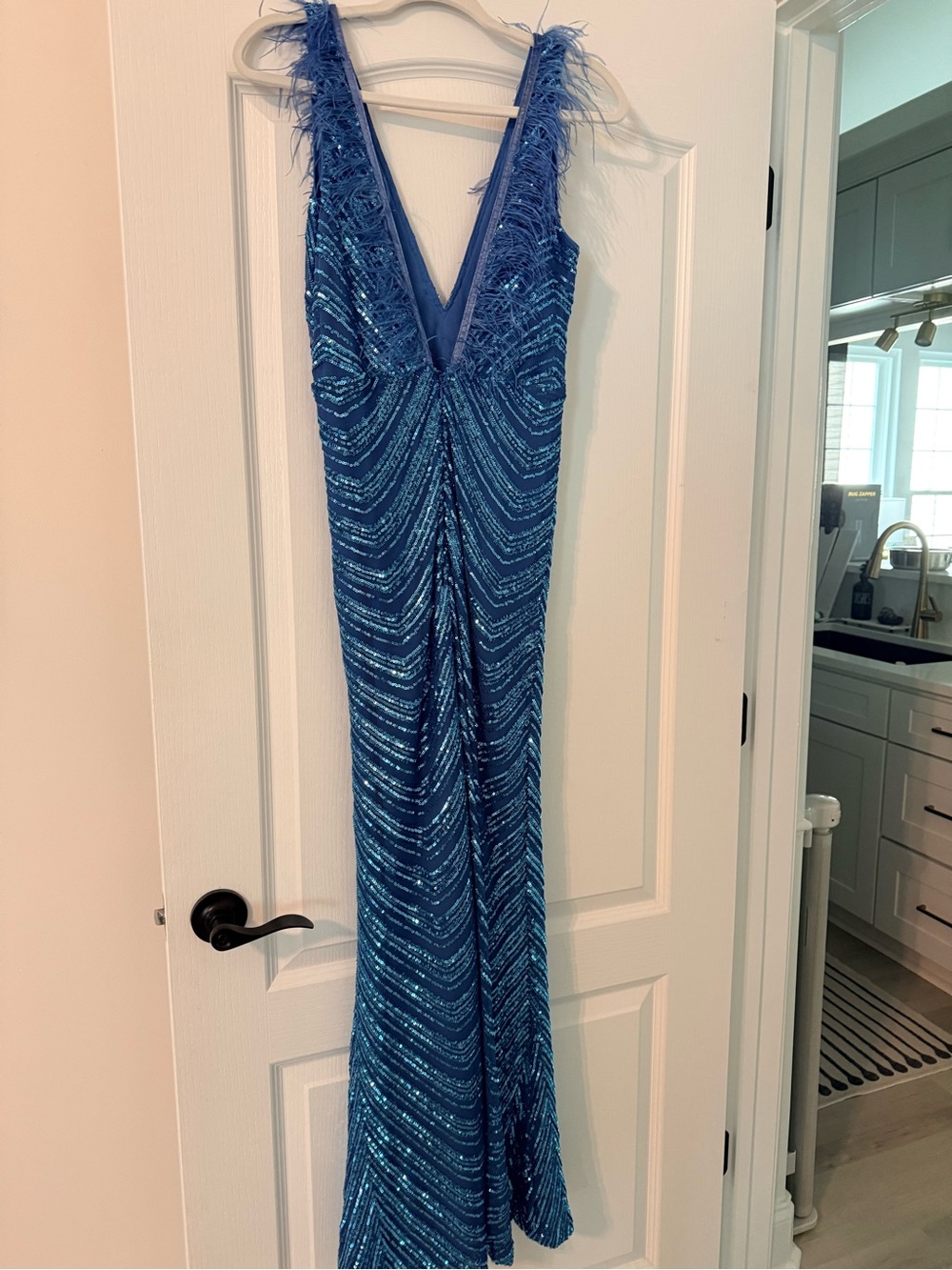 Blue Sequin V-Neck Evening Gown with Feather Trim-worn once - Picture 3 of 7